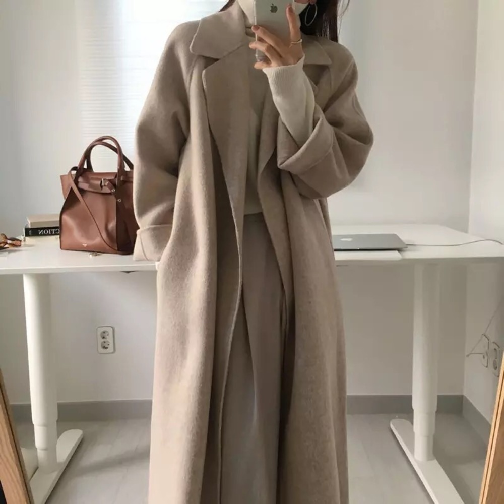 Wool coat long Heather apricot khaki womens winter outerwear - Picture 3 of 8